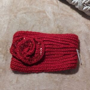 Claire's nwt Red Crochet Knit Head Wrap with Sequin Flower